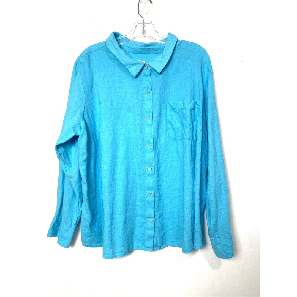 Candace Cameron Bure Button Shirt Size 2XP Turquoise Linen Blend